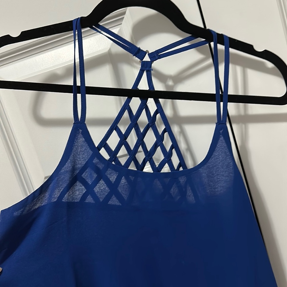 Blue halter back detail tank